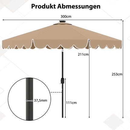 300 cm Sonnenschirm mit Solar-LED-Beleuchtung und Kurbel