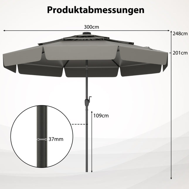 300 cm Sonnenschirm mit Solar-LED-Beleuchtung, Grau