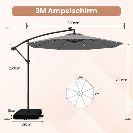 300 cm Patio Umbrella with Solar LED Lights & Sandbags