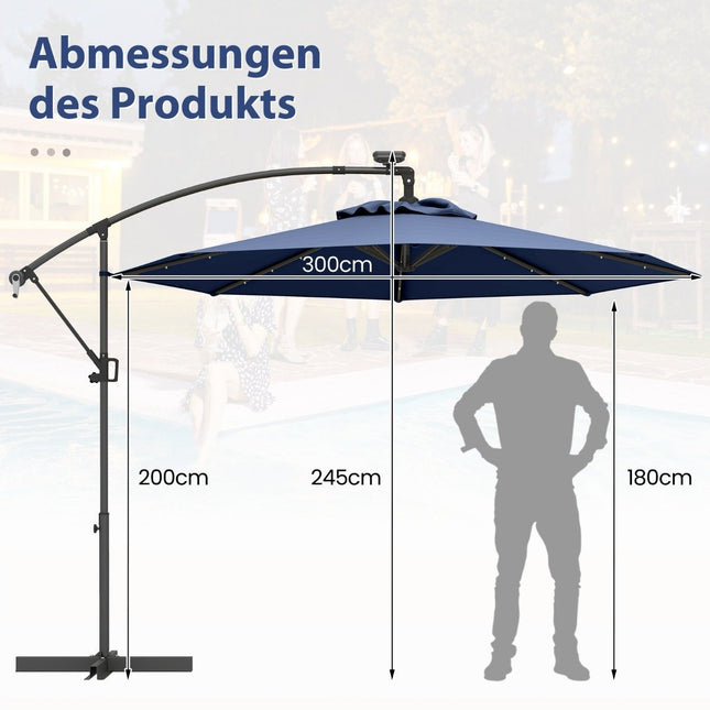 300 cm Solar-LED-Terrassenschirm mit Kurbel, Dunkelblau