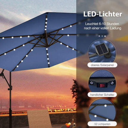 300 cm Solar-LED-Terrassenschirm mit Kurbel, Dunkelblau