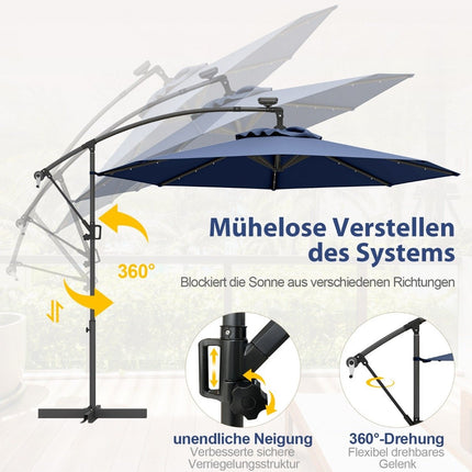 300 cm Solar-LED-Terrassenschirm mit Kurbel, Dunkelblau