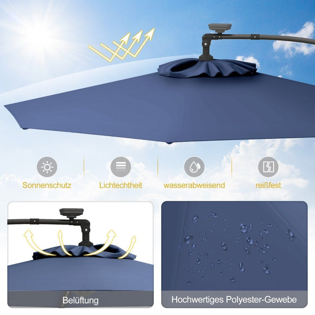300 cm Solar-LED-Terrassenschirm mit Kurbel, Dunkelblau