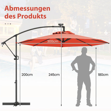 Solární LED slunečník na terasu 300 cm s klikou, oranžový