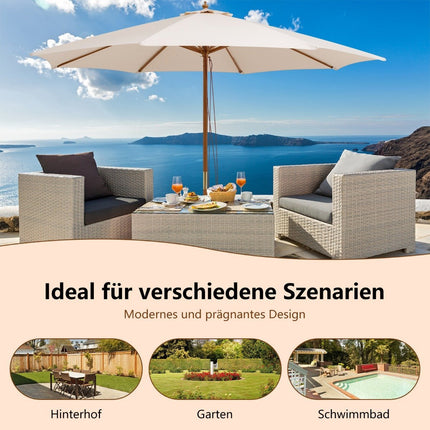 Parasol de table en bois de 300 cm de large avec 8 baleines en bambou 300 x 300 x 262 cm beige