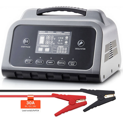 30A Smart Battery Charger 6V 12V 24V, LCD, LiFePO4, Lead-Acid