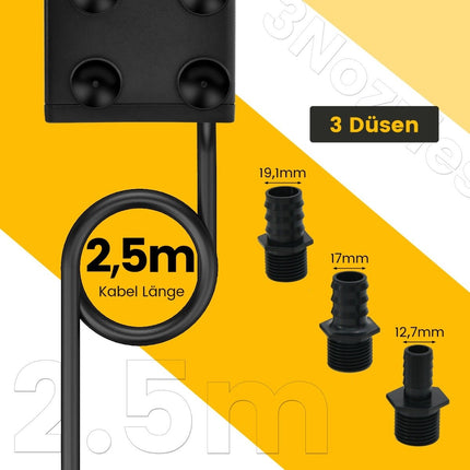 Mini pompe d'aquarium 30 W avec course de 2,5 m et câble d'alimentation de 1,83 m et pompe à eau à 3 buses 1400 L/h