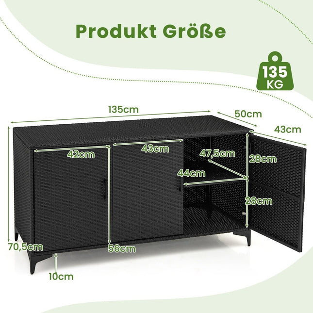318L Rattan-Gartenschrank mit abnehmbaren Regalen und Türen, wetterfester Seitenschrank für den Außenbereich, Schwarz