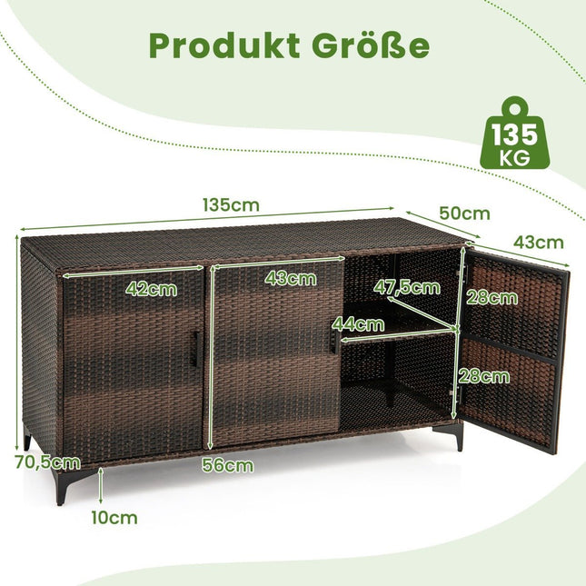 318L Rattan-Gartenschrank mit abnehmbaren Regalen und Türen, wetterfester Seitenschrank für den Außenbereich, Braun