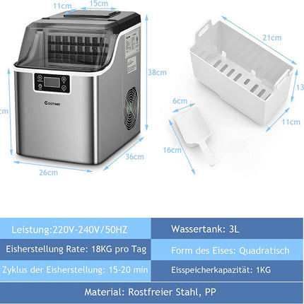 3,2 L Eiswürfelbereiter Eismaschine mit oberer Einfüllöffnung 25 x 36 x 38 cm silber