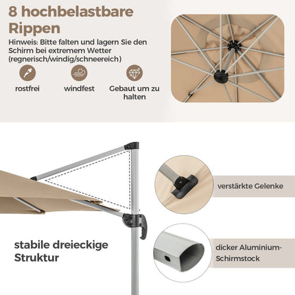 Ø 330 cm Sonnenschirm mit Kurbel &amp; UPF 50+ &amp; 360° Drehbar Ampelschirm Gartenschirm Beige