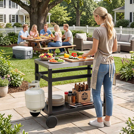 34" x 20" Double-Shelf Grill Table with Steel Top