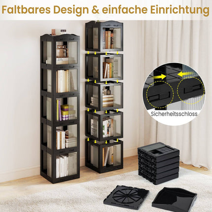 360 Rotating Bookshelf, Foldable, Transparent, Black, 174 cm