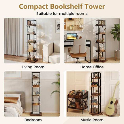 360 Rotating Bookshelf with 5 Shelves, Brown Metal Frame