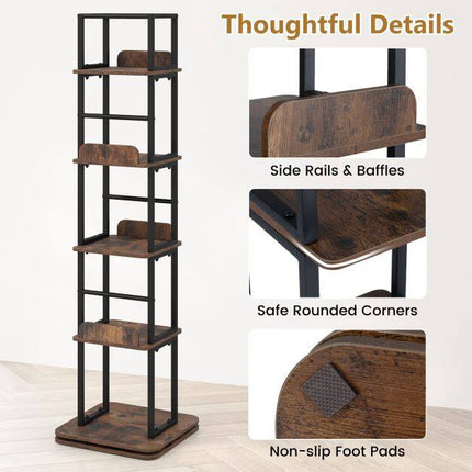 360 Rotating Bookshelf with 5 Shelves, Brown Metal Frame