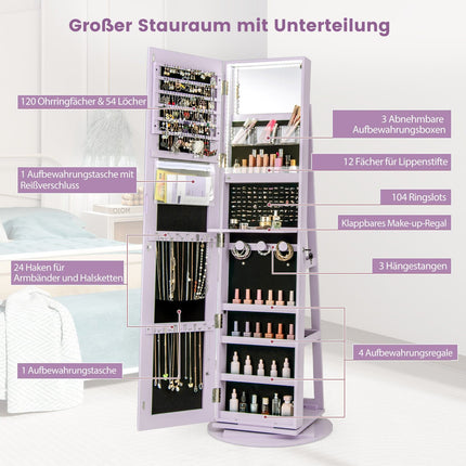 360° drehbarer Schmuckschrank mit LED-Beleuchtung, Spiegel, abschließbar