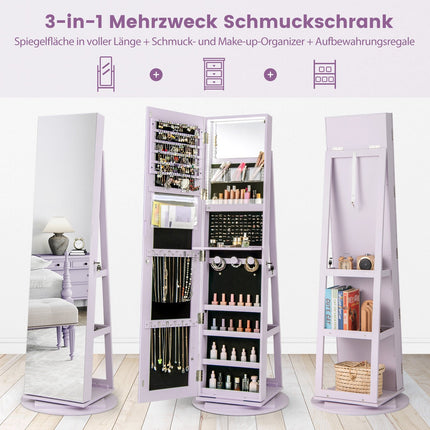 360° drehbarer Schmuckschrank mit LED-Beleuchtung, Spiegel, abschließbar