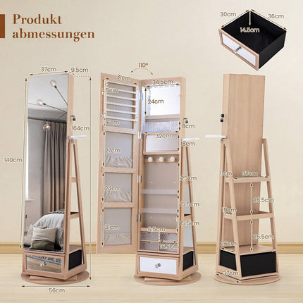 360 Swivel Jewelry Cabinet with Full-Length Mirror & LED