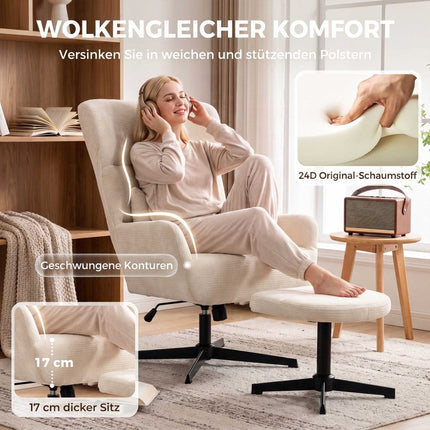 360 Swivel Lounge Chair with Ottoman, Adjustable Height, Cream