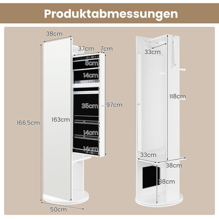 360° rotating jewelry cabinet with mirror & LED lights. Freestanding mirror cabinet