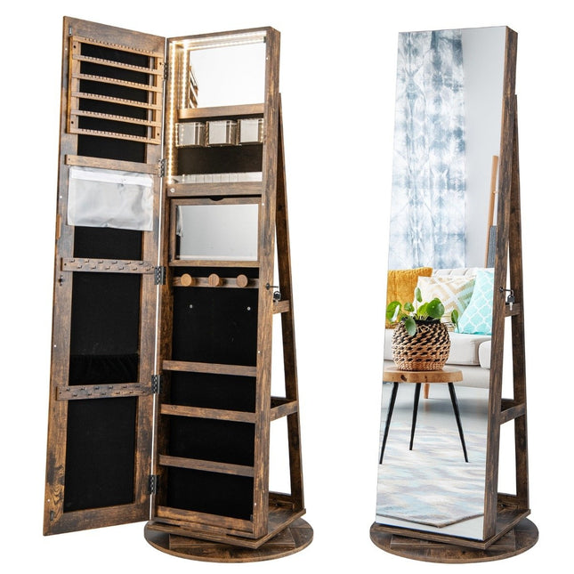 Armoire à bijoux rotative à 360° avec éclairage LED tricolore, armoire à miroir sur pied, marron