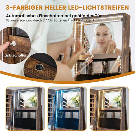 Armoire à bijoux rotative à 360° avec éclairage LED tricolore, armoire à miroir sur pied, marron