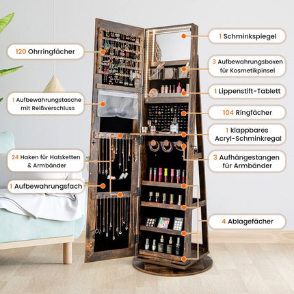 Armoire à bijoux rotative à 360° avec éclairage LED tricolore, armoire à miroir sur pied, marron