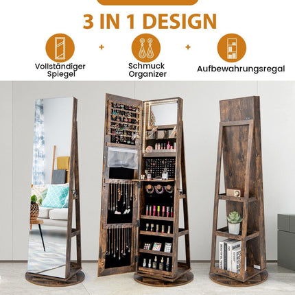 Armoire à bijoux rotative à 360° avec éclairage LED tricolore, armoire à miroir sur pied, marron