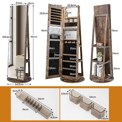 Armoire à bijoux rotative à 360° avec éclairage LED tricolore, armoire à miroir sur pied, marron