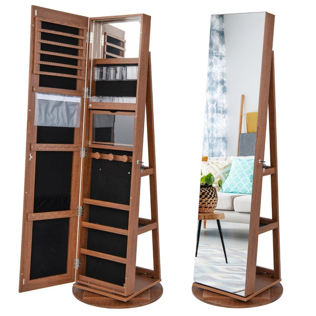 360° drehbarer Schmuckschrank mit dreifarbigen LED-Leuchten, freistehender Spiegelschrank aus Holz