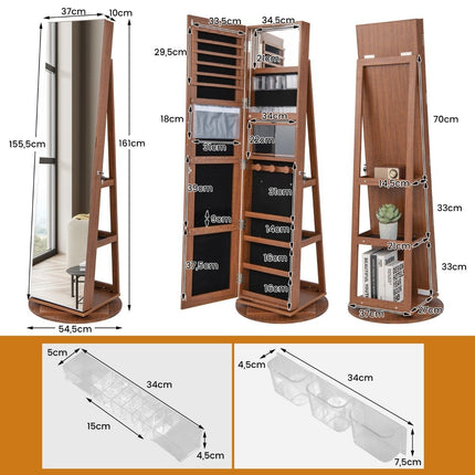 360° drehbarer Schmuckschrank mit dreifarbigen LED-Leuchten, freistehender Spiegelschrank aus Holz