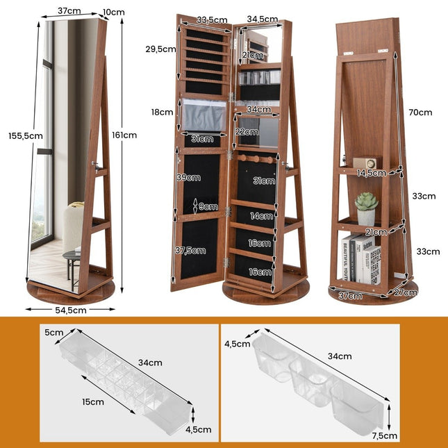 360° drehbarer Schmuckschrank mit dreifarbigen LED-Leuchten, freistehender Spiegelschrank aus Holz