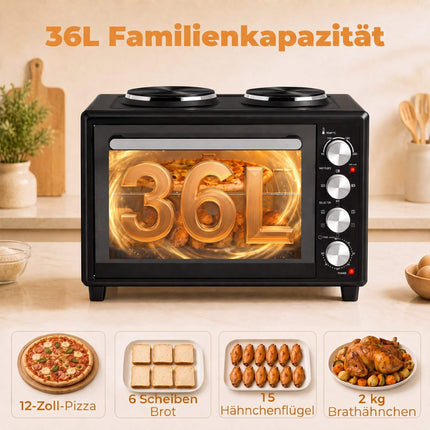 36L Mini Oven with Dual Hotplates, Rotisserie, 230C