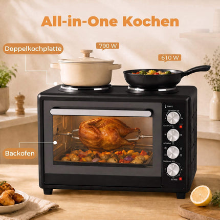 36L Mini Oven with Dual Hotplates, Rotisserie, 230C