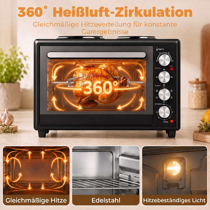36L Mini Oven with Dual Hotplates, Rotisserie, 230C