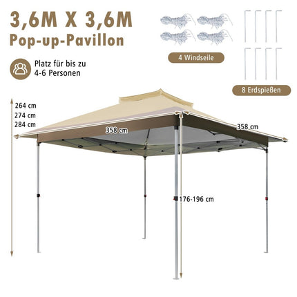 3,6 x 3,6m Pavillon mit Doppeldach, wasserdicht, stabil, winterfest, UV-Schutz 50+