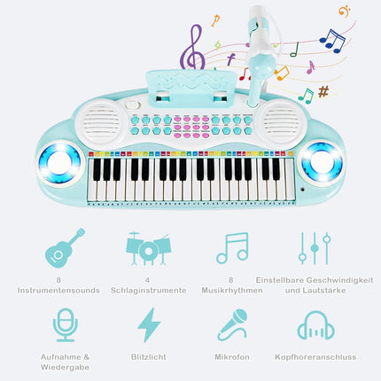 Digitální piano s 37 klávesami, dětské klávesy s mikrofonem 48 x 20 x 38 cm, modré