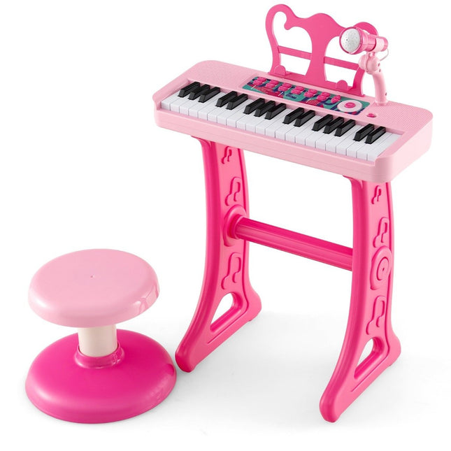 Dětské klávesy s 37 klávesami, elektronické dětské piano se stoličkou, mikrofonem a notovým stojanem, růžové