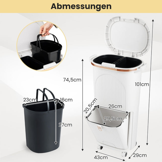 38L Küchenmülleimer mit Deckel, 2 herausnehmbare Behälter, Pedal, Rollen