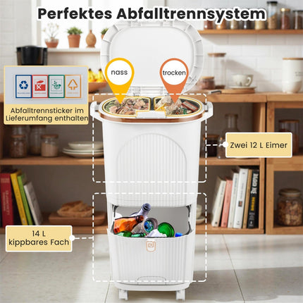 38L Küchenmülleimer mit Deckel, 2 herausnehmbare Behälter, Pedal, Rollen