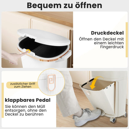 38L Küchenmülleimer mit Deckel, 2 herausnehmbare Behälter, Pedal, Rollen