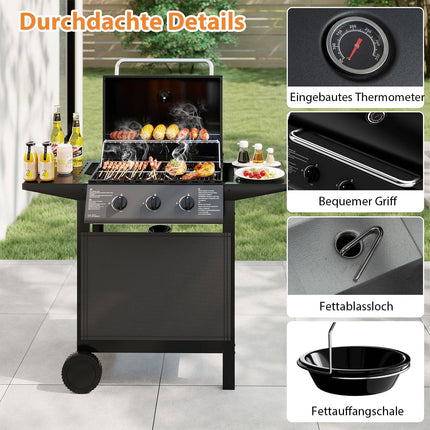 3-Flammen Gasgrill für draußen mit Seitenablagen, 24.000 BTU