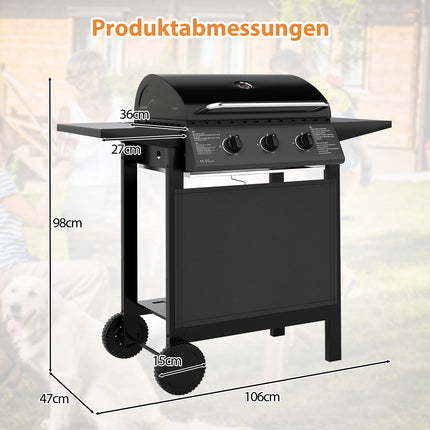 3-Flammen Gasgrill für draußen mit Seitenablagen, 24.000 BTU