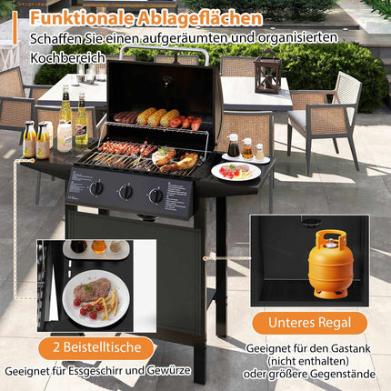 3-Flammen Gasgrill für draußen mit Seitenablagen, 24.000 BTU