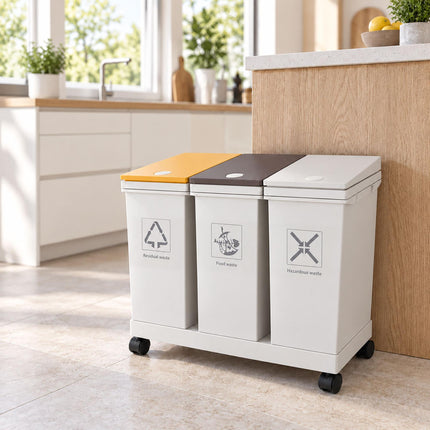 3-Compartment Kitchen Waste Bin with Castors, 12 l Each, White