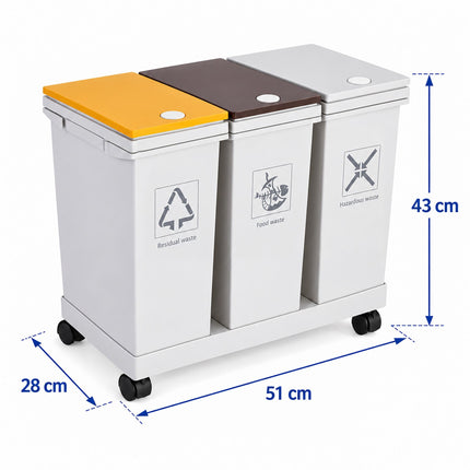3-Compartment Kitchen Waste Bin with Castors, 12 l Each, White