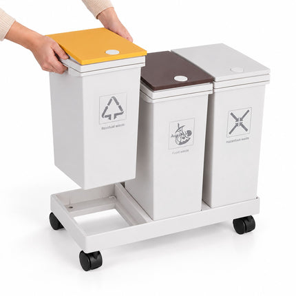 3-Compartment Kitchen Waste Bin with Castors, 12 l Each, White