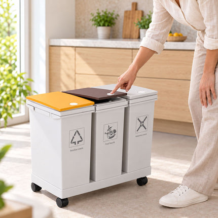 3-Compartment Kitchen Waste Bin with Castors, 12 l Each, White