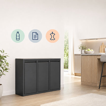 3-Compartment Waste Bin, 30L, Black, Steel-Plastic