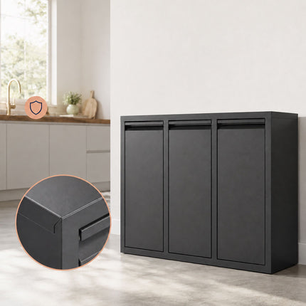 3-Compartment Waste Bin, 30L, Black, Steel-Plastic